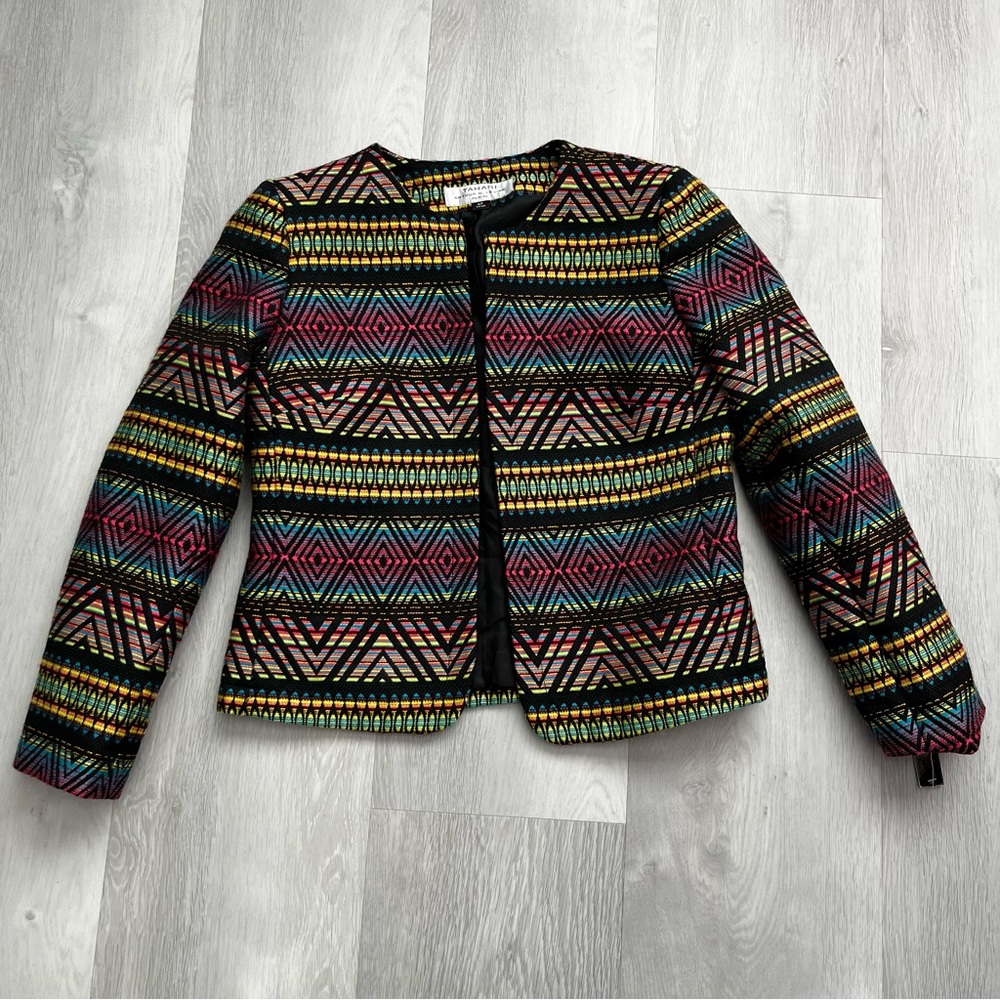 TAHARI BLAZER JACKET CHARTREUSE COLLARLESS CROPPED BOXY QUIET LUXURY 6P